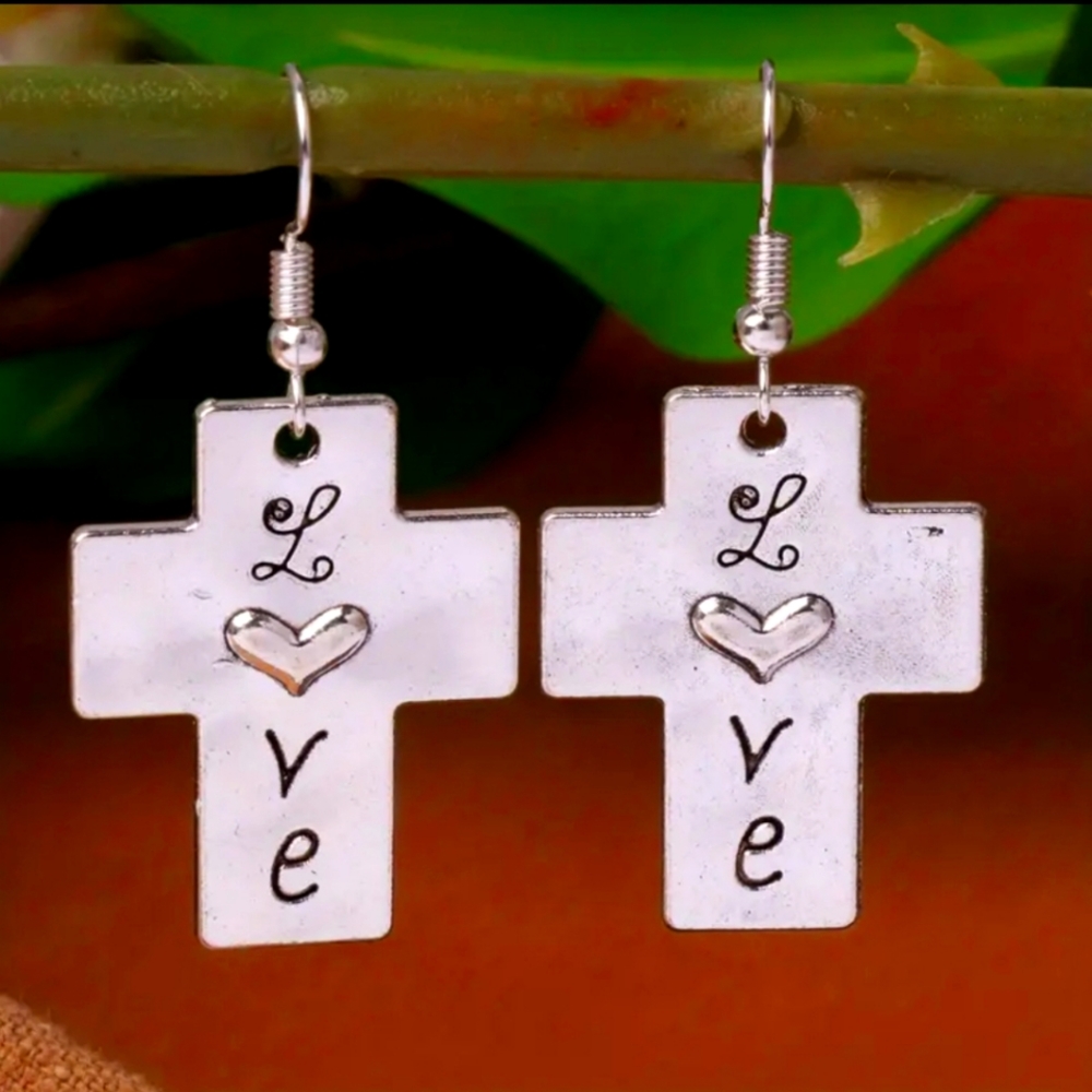 Antiqued Silver LOVE Cross Earrings